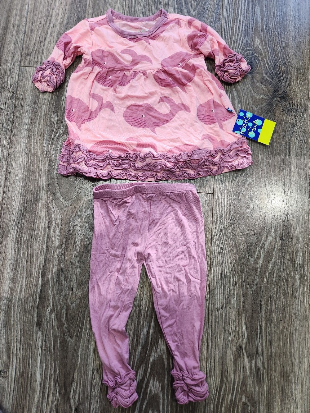 NWT Kickee Pants Print Long Sleeve Babydoll Outfit Set Lotus Whales 18-24M